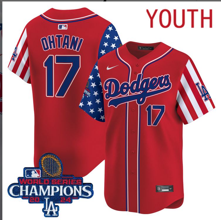 Youth  MLB Los Angeles Dodgers #17 Ohtani American Style red 2024 World Series Champions  Limited Jersey